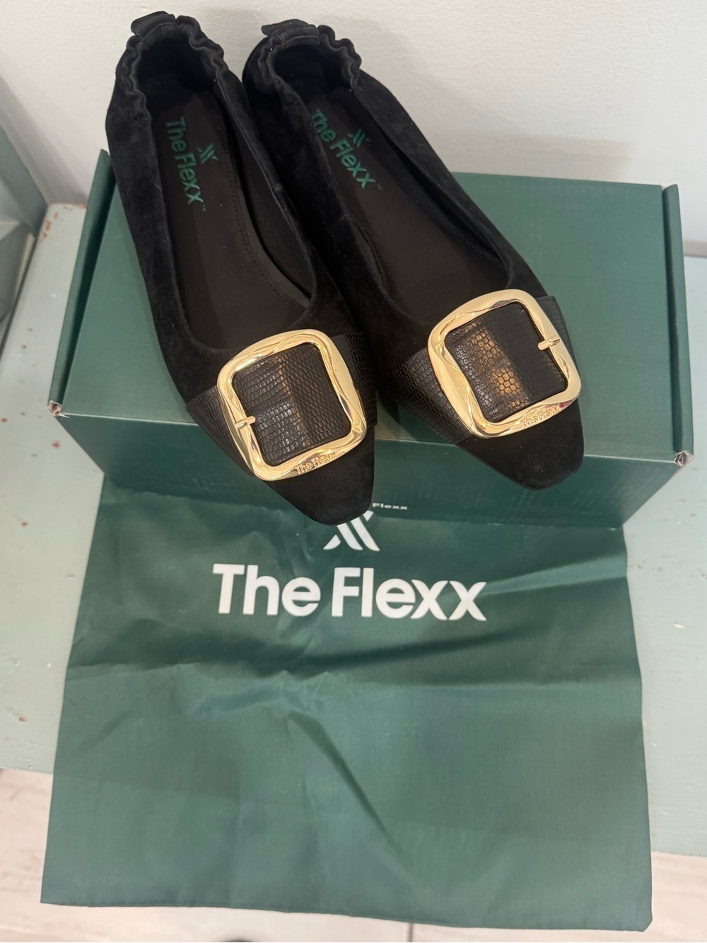 THE FLEXX Black Suede Pointed Ballet Flats with Gold Buckle